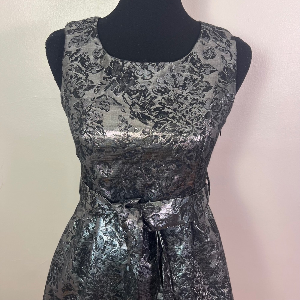 YA Los Angeles Floral Brocade Fit Flare Dress S Silver Metallic Cocktail Party - Picture 2 of 10